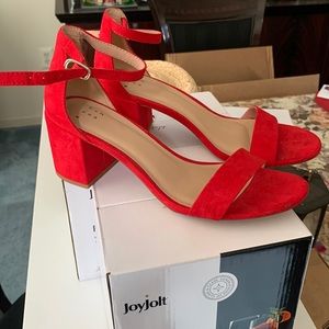Red suede block heels